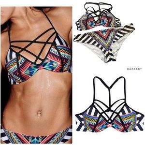 Rare Victoria’s Secret Pink Strappy Swimsuit Bikini Set Geometric Stripe Aztec L